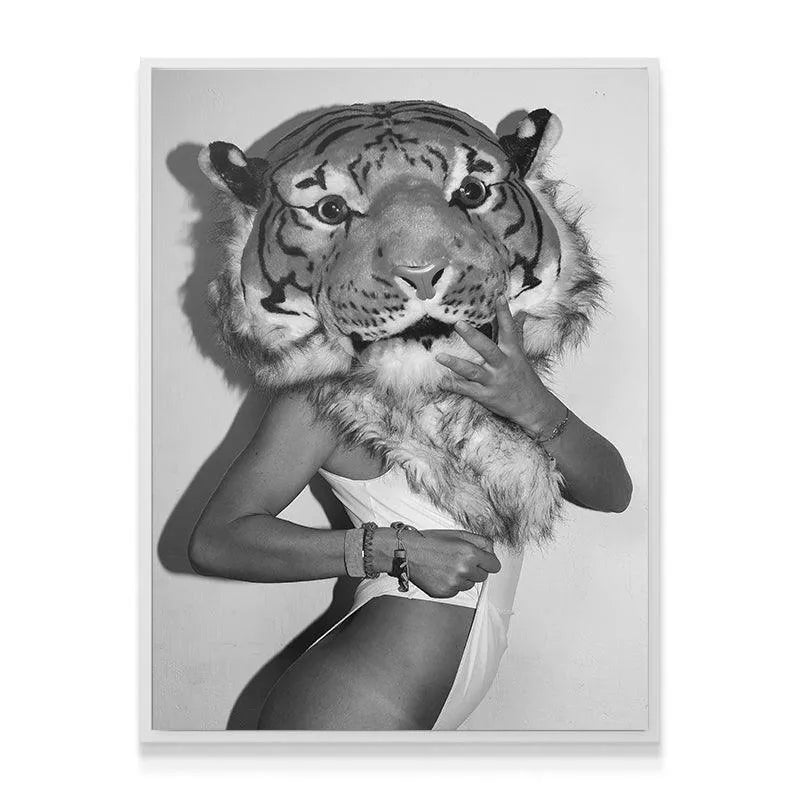 Lifestyle shot depicting the model wearing the oversized mask part of the full Tiger Suit costume.