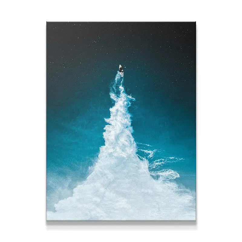 Wide view of the vertical 'To The Moon' canvas showing the full wave height against the dark sky.