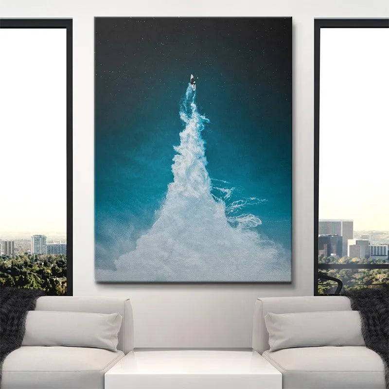 The deep teal and starry night background gradient from the 'To The Moon' print emphasizing cosmic depth.