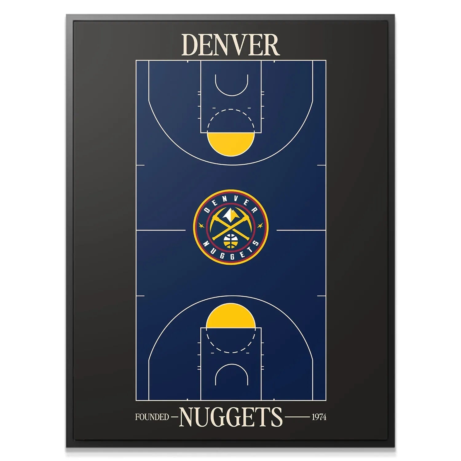 Close-up of the center court logo detail on the Top Court Design - Nuggets print, emphasizing colors.