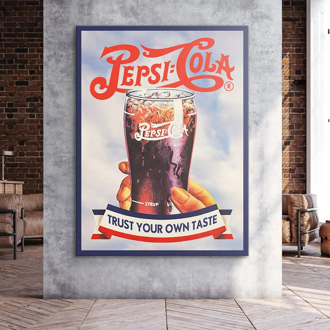 Texture detail of the retro print finish highlighting the red and blue colors and the motto: Trust Your Own Taste.