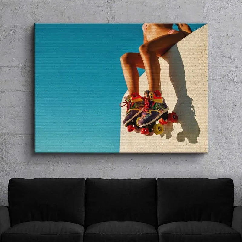 High-contrast photo emphasizing the shadow cast by the figure and skates at Venice Boardwalk.