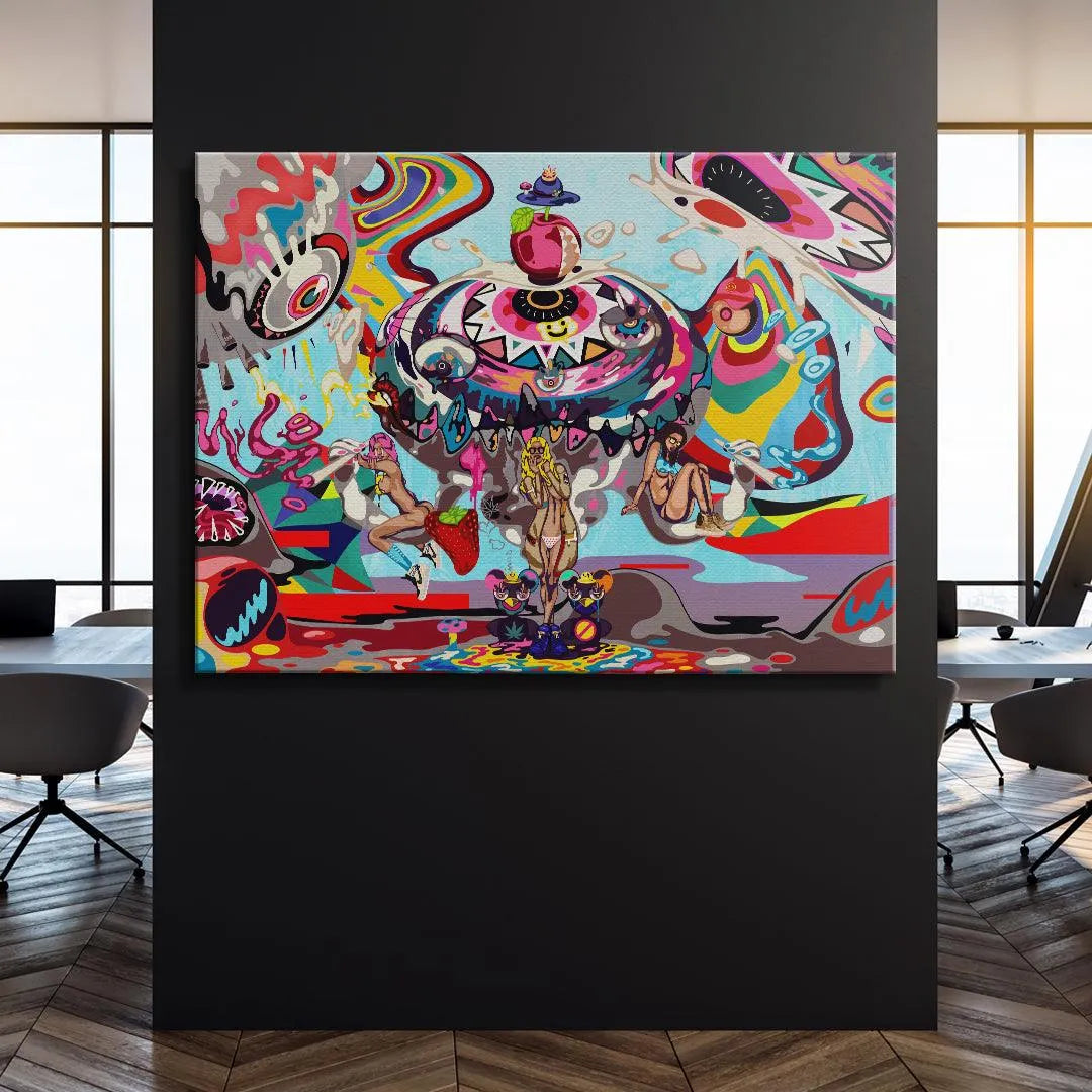 Full front view of the contemporary artwork Venus dominated by swirling pinks, blues, and chaotic iconography.